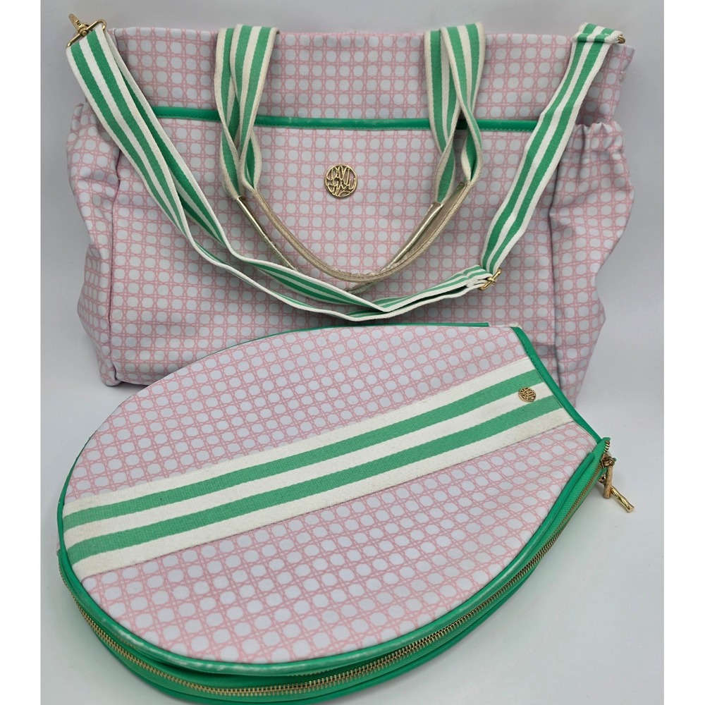 Lilly Pulitzer Pink Green Geometric Tennis Tote Bag and Racquet Cover Set